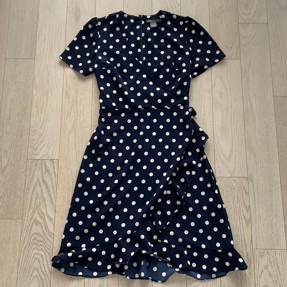 Suzy Shier Navy Blue and White Polka Dot Wrap Dress